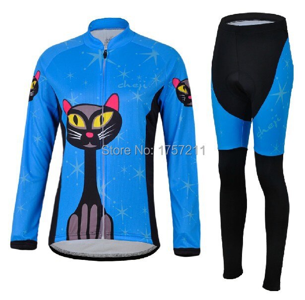 2014 Women blue cat [thermal] long sleeve cycling jersey and cycle pants set mountain bike riding sports clothes outdoor wear